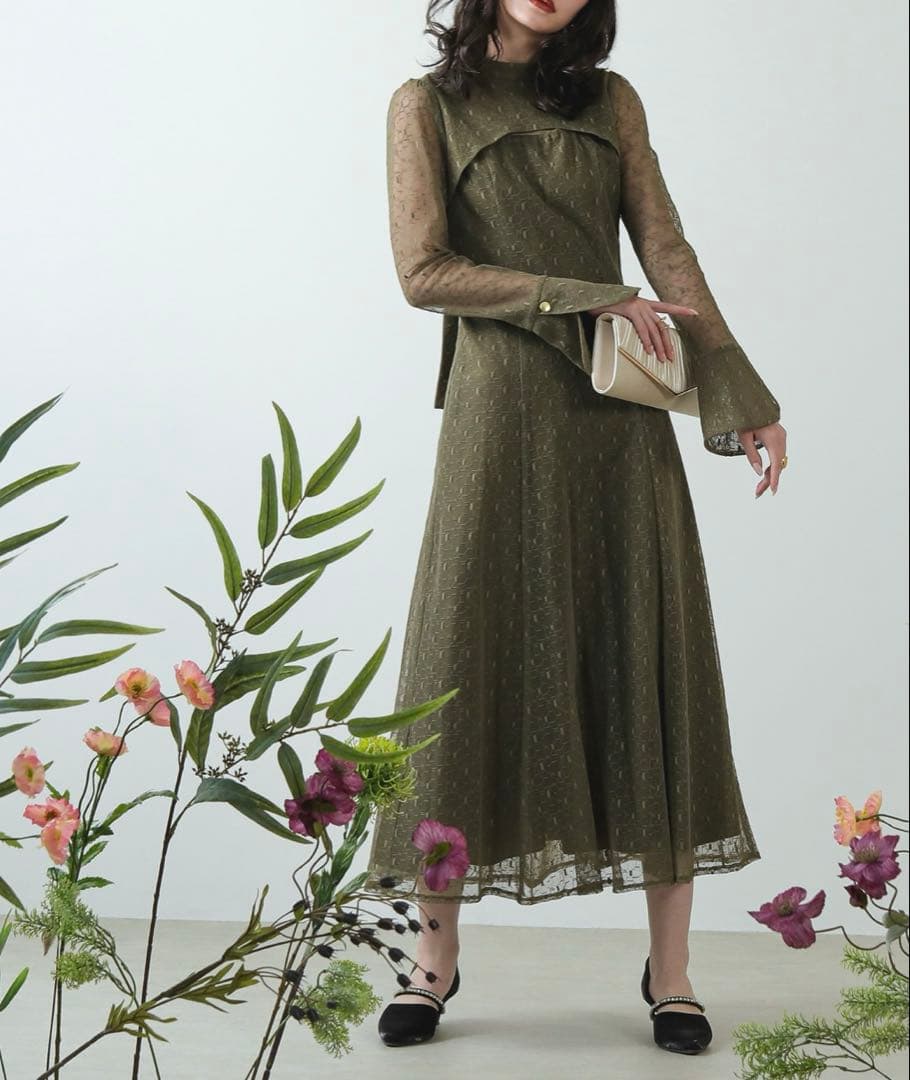 幾何学柄 レース バックオープン ワンピース パーティー 結婚式 お呼ばれ