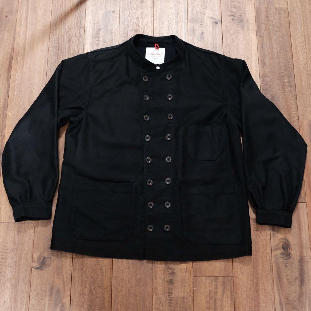 スタンドカラーダブルブレスト　ブラックモールスキンジャケット