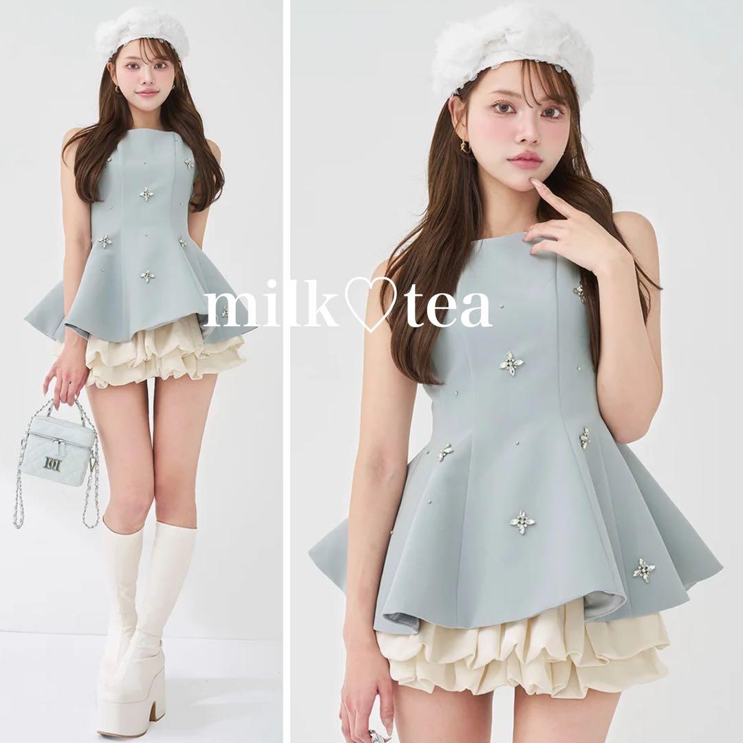 新品タグ付き ダーリッチ ビジューフレアバルーンミニドレス サックス フリー