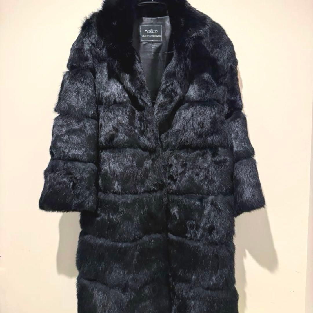 希少黒総ラビットファー【グレースコンチネンタル】切り替えボーダーファーコート