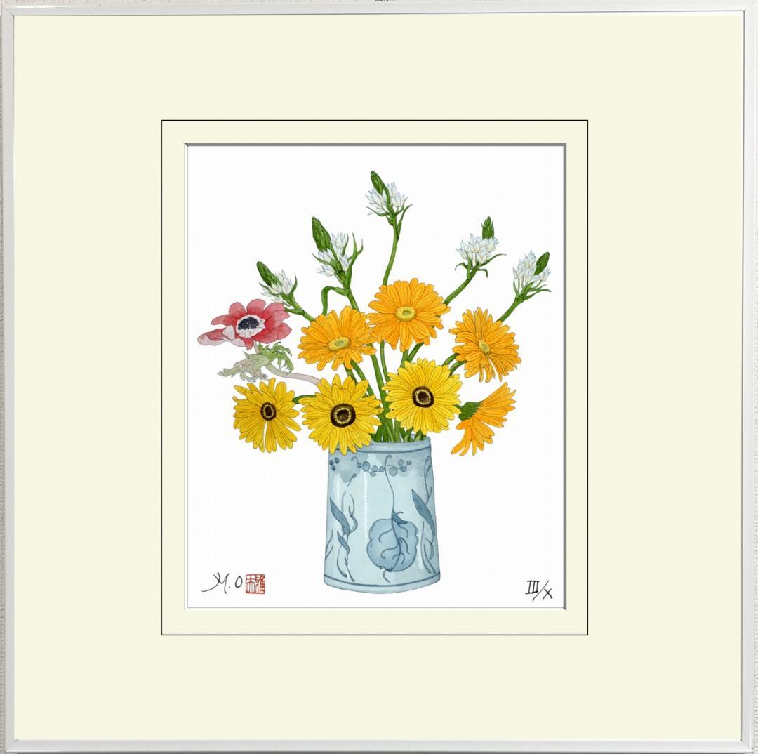 有名国際展作家「ガーベラ」花/D・リトグラフ/10部限定/直筆サイン　小原雅夫