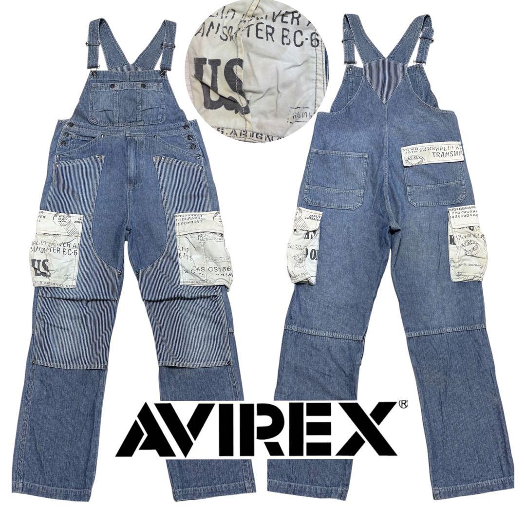 専用■AVIREX■オーバーオール ダブルニー デニム ヒッコリー ステンシル