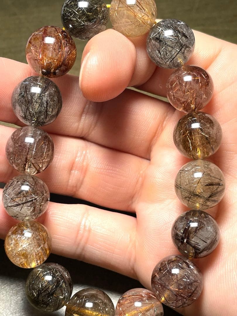 【新入荷】　ミックスタイチンルチルクォーツブレス12.9〜13.9㎜大玉（新品）