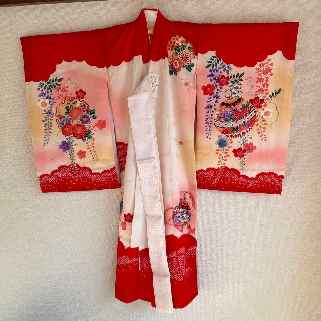 女児宮参り着物　掛け着 着物と長襦袢セット　赤系　正絹　絞り　百貨店で購入　美品