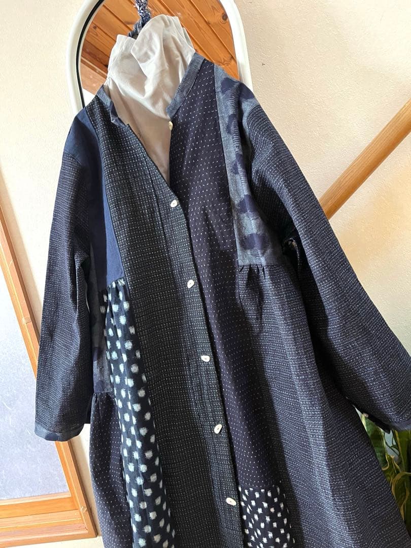 古布リメイク　パッチワークワンピース　雪ん子　書生絣　絵絣　ハンドメイドf