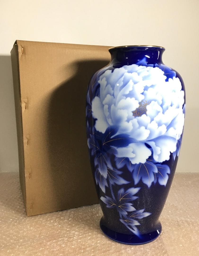 深川製磁 新品未使用超美品！ 瑠璃 牡丹 金彩 花瓶 大花瓶 花生 高さ38cm