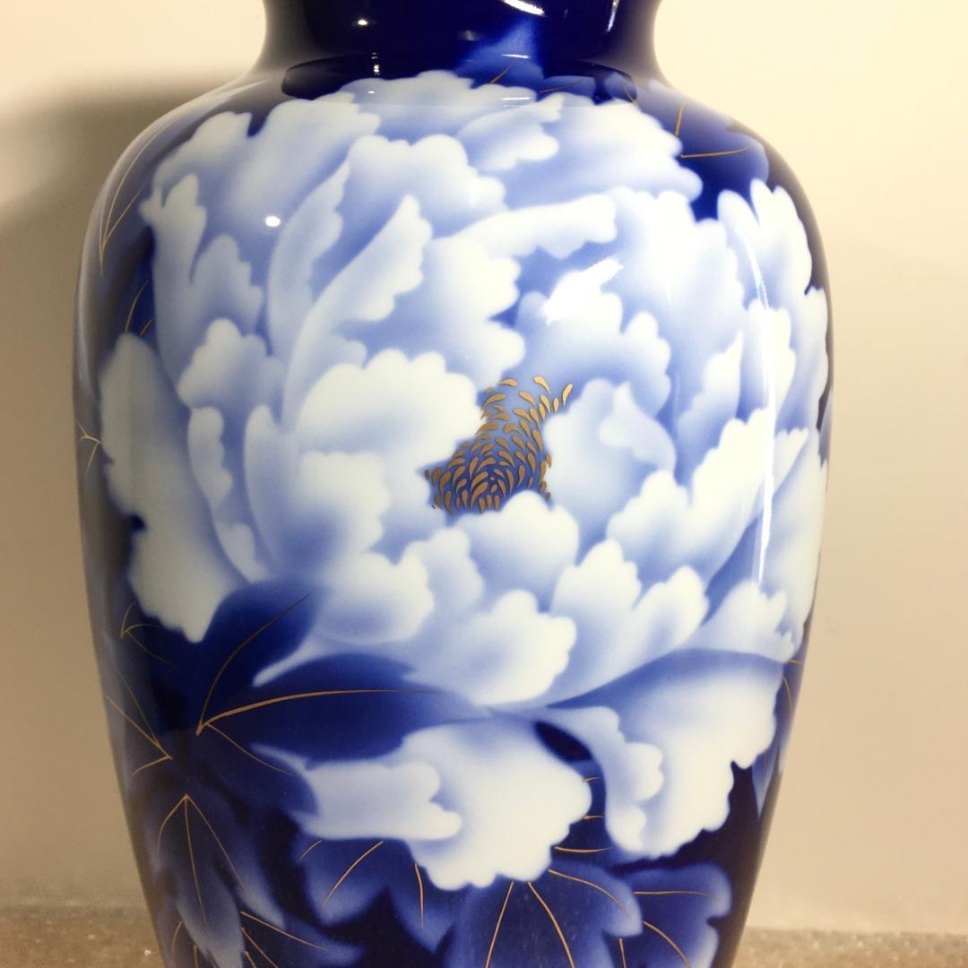 深川製磁 新品未使用超美品！ 瑠璃 牡丹 金彩 花瓶 大花瓶 花生 高さ38cm