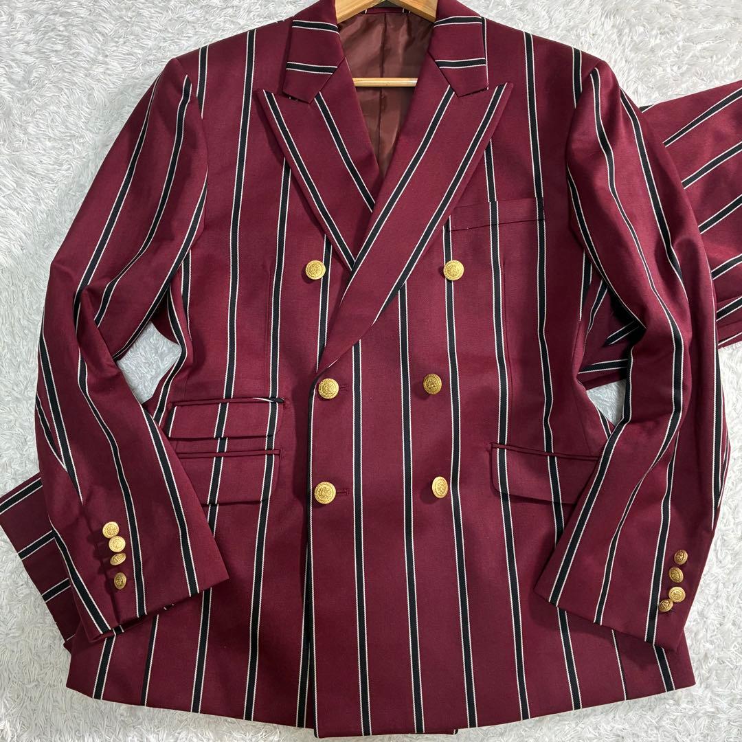 美品 XL相当 ダブルブレスト スーツ ボルドー ストライプ 金ボタン メンズ