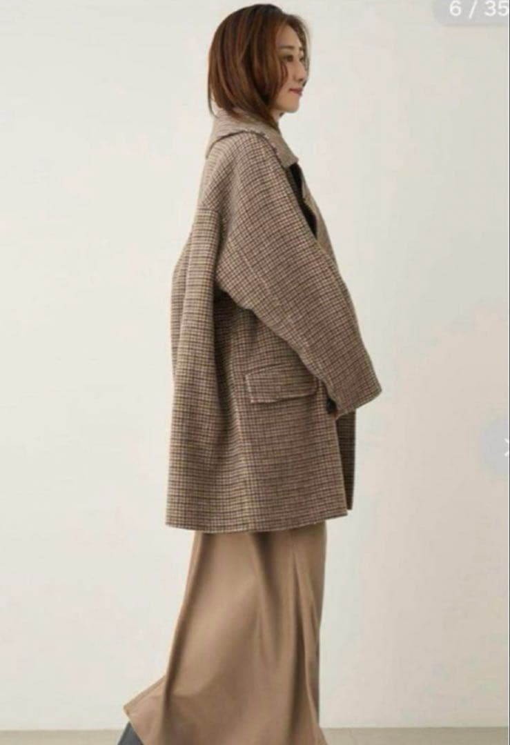 ミラオーウェン　衿ストラップハーフ丈リバーPコート　チェック柄