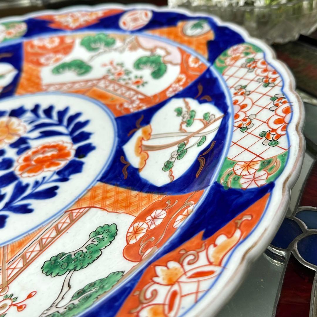 2154様感謝‼️春‼️伊万里　金彩色絵　牡丹に鶴　梅&松輪花縁大皿　尺2寸1客