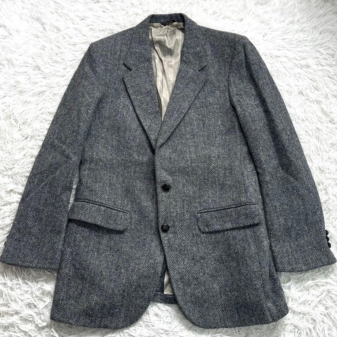 ハリスツイード テーラードジャケット ヘリンボーン くるみボタン グレー L