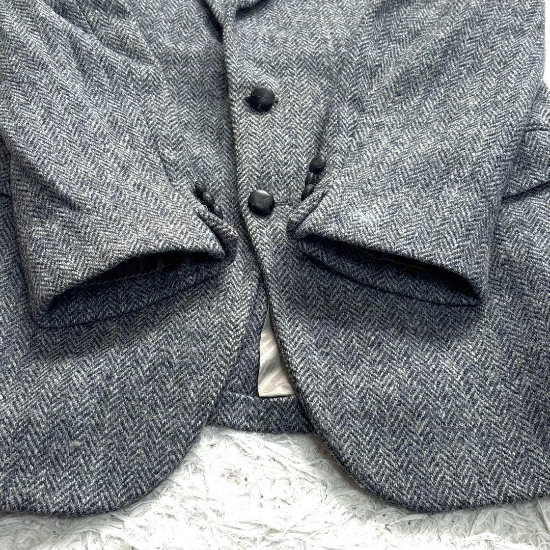 ハリスツイード テーラードジャケット ヘリンボーン くるみボタン グレー L