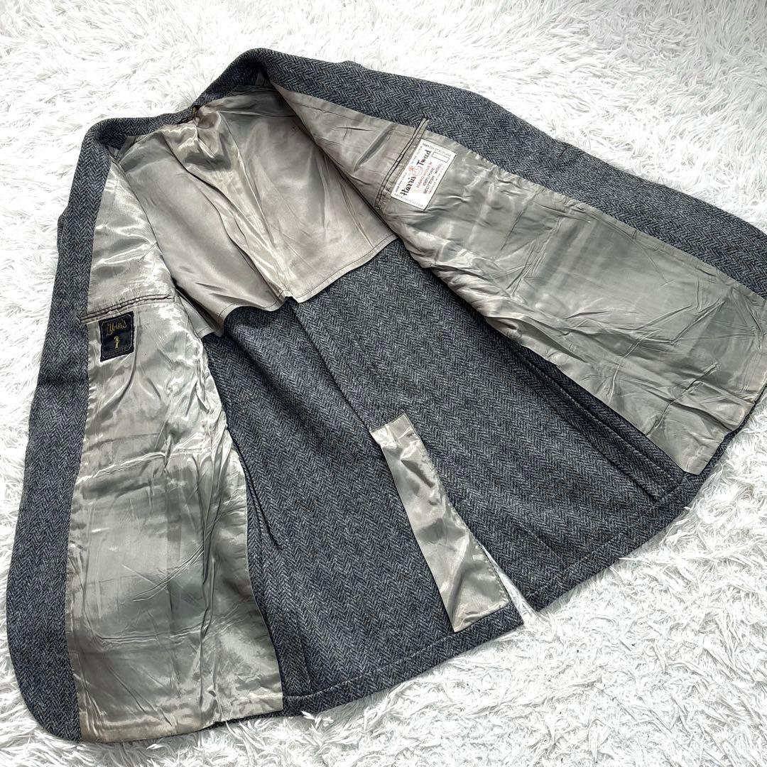 ハリスツイード テーラードジャケット ヘリンボーン くるみボタン グレー L