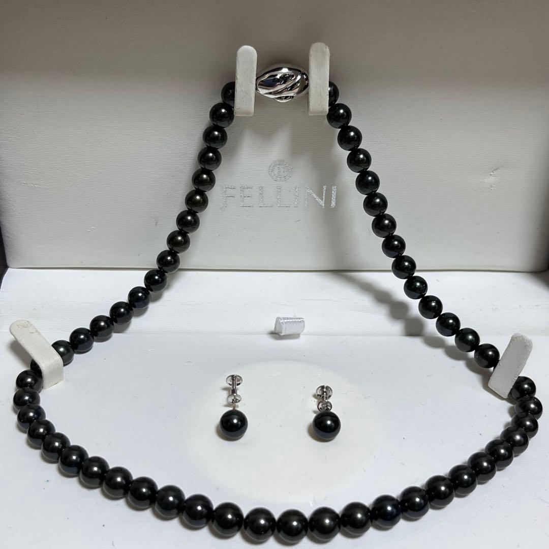 アコヤ 黒真珠 ネックレス イヤリング セット 冠婚葬祭 K14WG