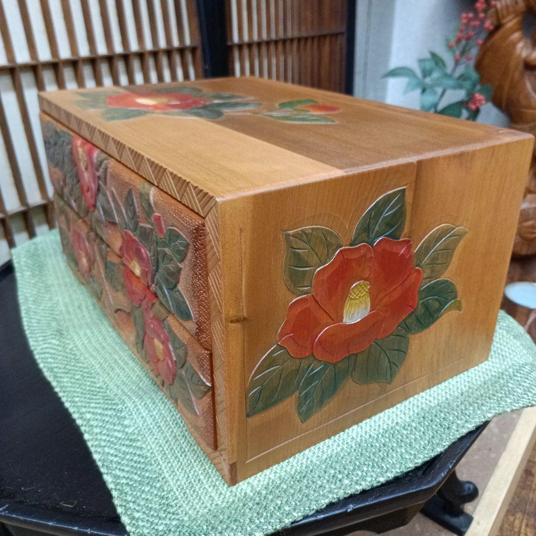 日光彫り二段抽斗(ひきだし)　赤椿　最終価格