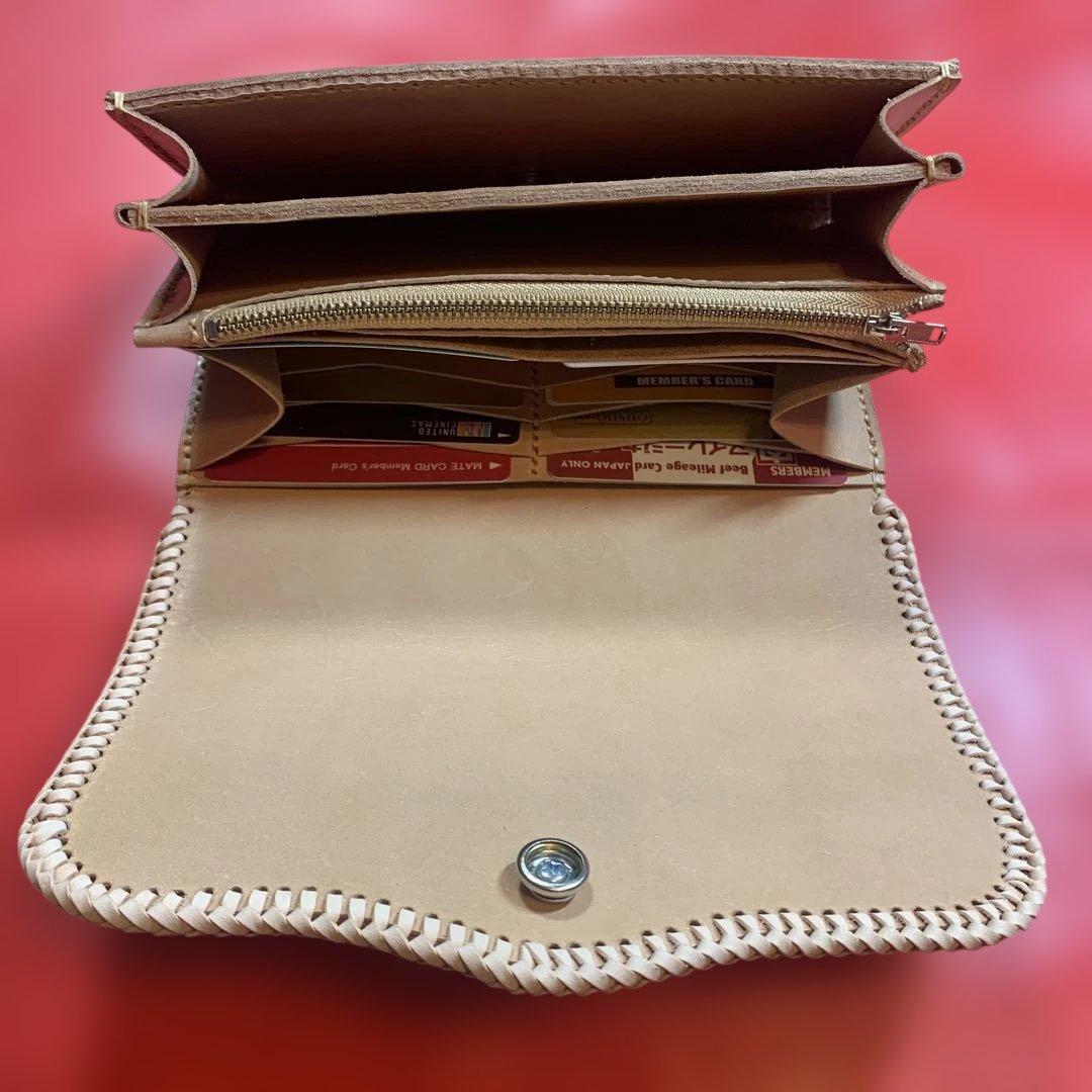 ハンドメイドレザークラフトヌメ革牛レース編み長財布　ヌメ革長財布