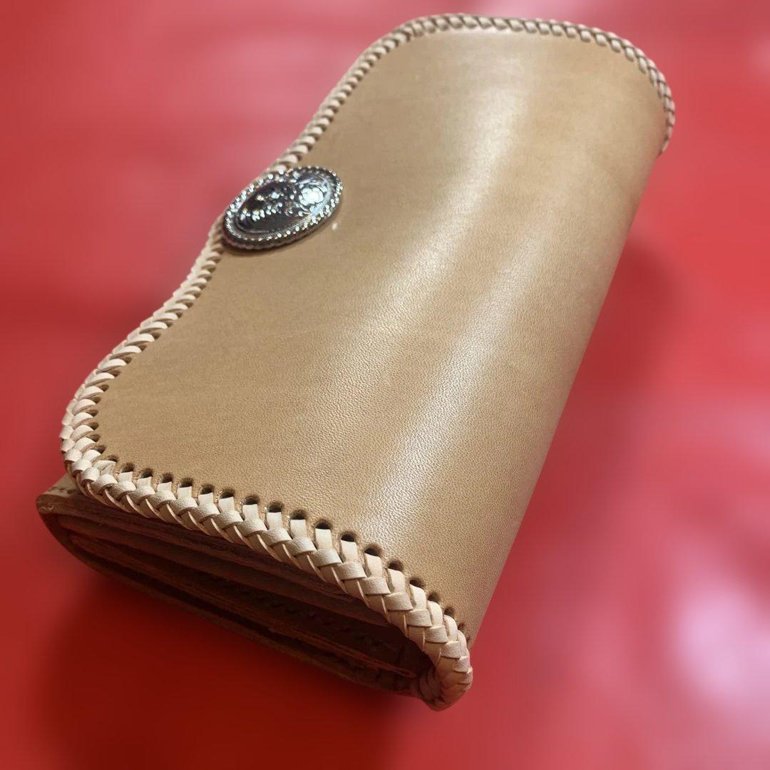 ハンドメイドレザークラフトヌメ革牛レース編み長財布　ヌメ革長財布