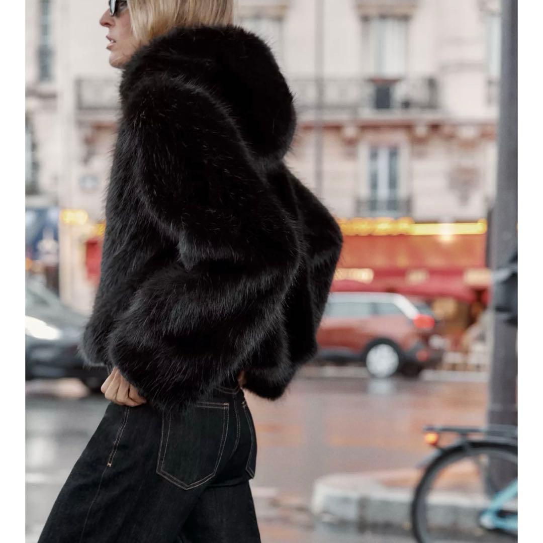 ZARA フェイクファーショートコート ブラック 黒 XSサイズ フード付き