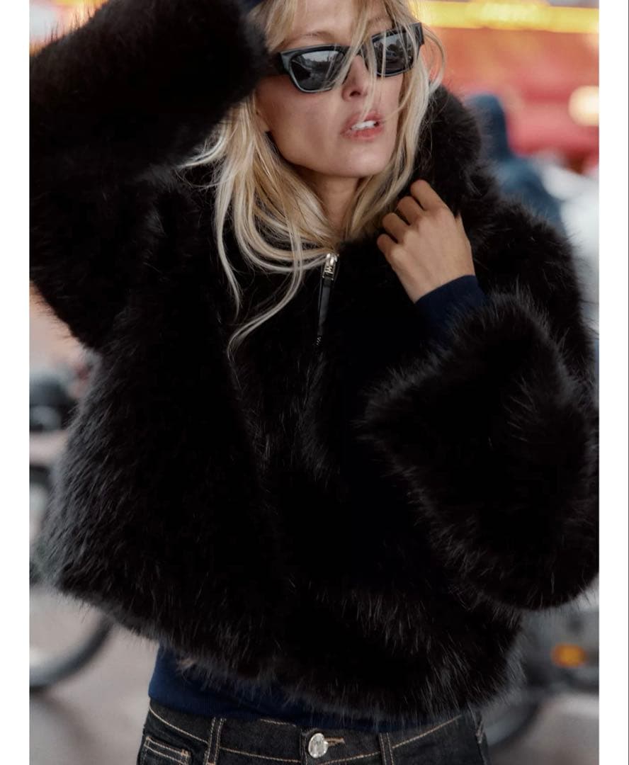 ZARA フェイクファーショートコート ブラック 黒 XSサイズ フード付き