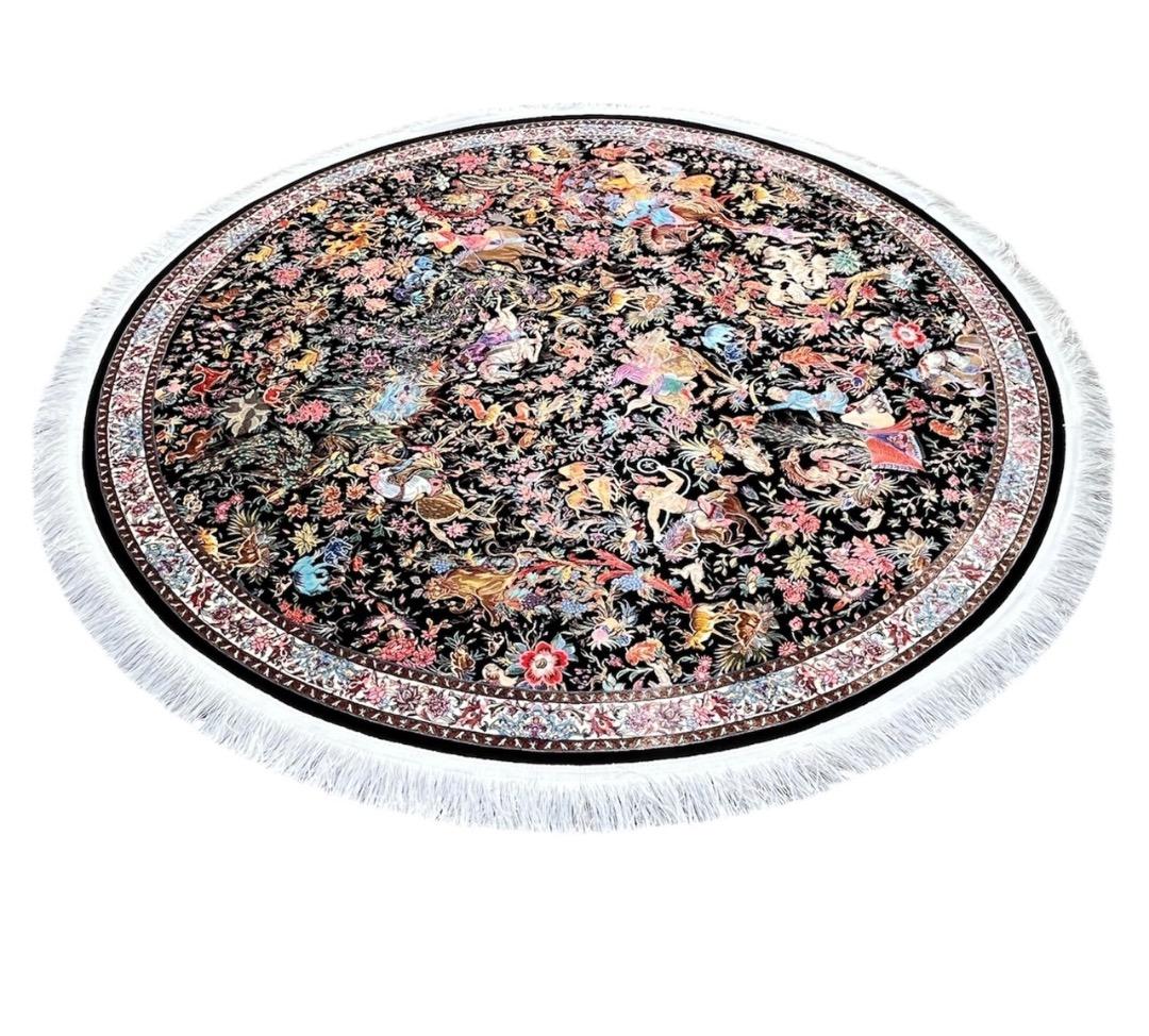 円形高級絨毯【 円形1.5m】バンブーシルク ラグ 花柄 動物柄 フリンジ付き