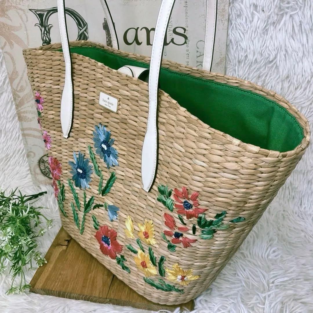 未使用 kate spade ケイトスペード かごバッグ ストロー フラワー