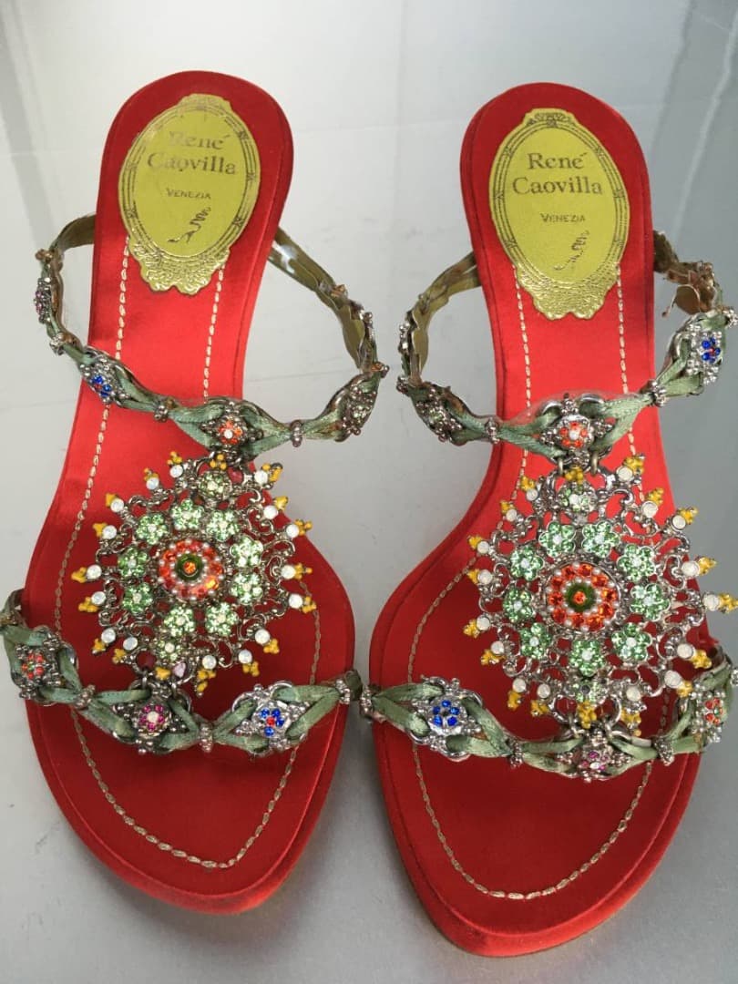 返品可　美品 レネカオビラ ドレスシューズ サンダル ミュール ハイヒール 赤