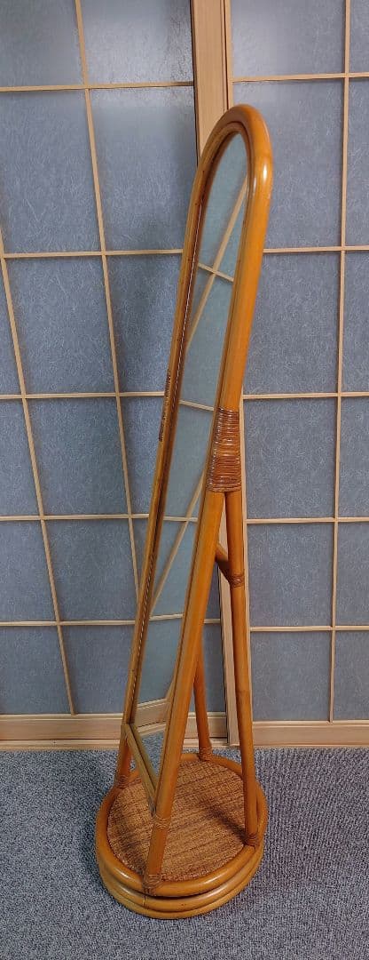 ラタンフレーム 回転式 スタンドミラー 姿見鏡 全身鏡 回転鏡 回転ミラー