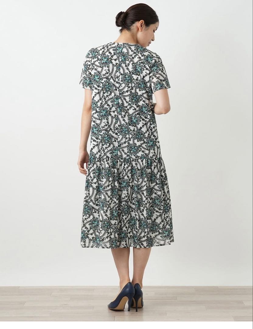 【新品】レリアン 【ウォッシャブル】プリントフレアワンピース グリーン