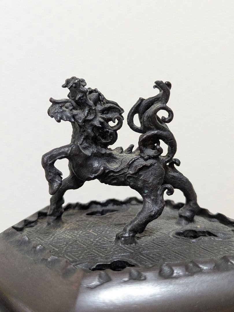 高岡製　 獅子摘蓋付昇竜双耳三足鳳凰双龍紋香炉　蝋型香炉　金工　米田秀保作