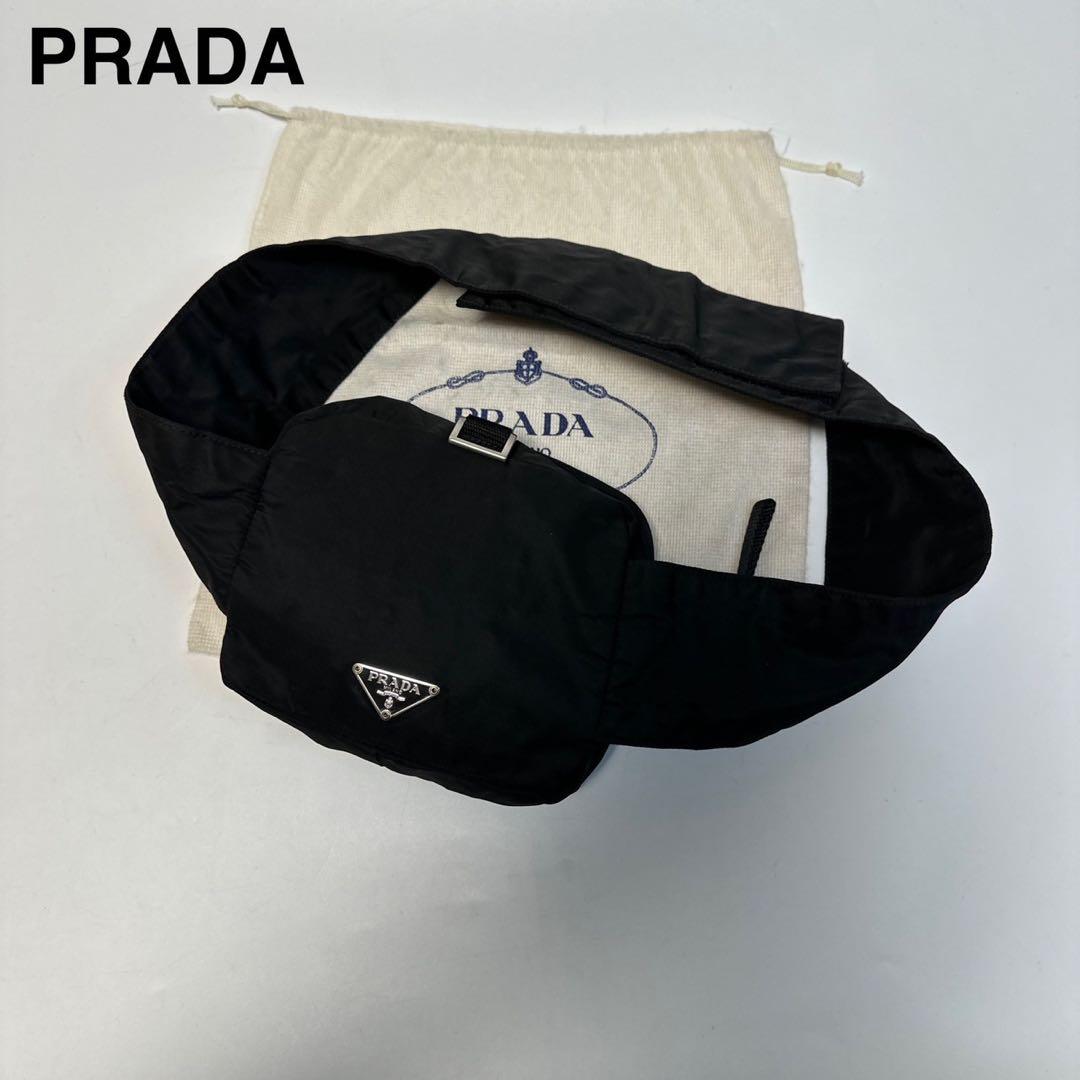 k45【極美品】プラダ　三角ロゴ　ナイロン　ブラック　ウエストバッグ　ショルダー