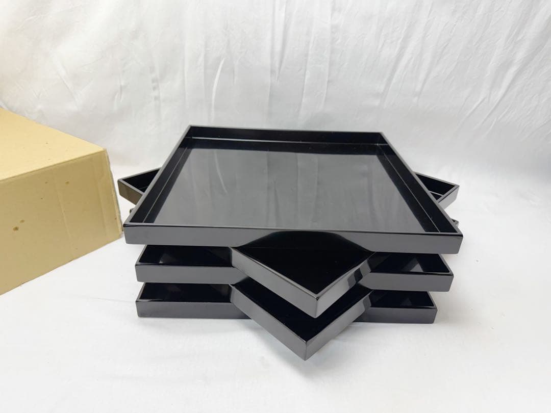 ほぼ未使用 懐石道具 黒塗 四方膳 会席膳5客 角膳 平膳 元箱