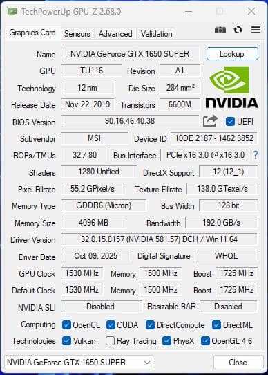 msi GeForce GTX 1650 Super OEM版【動作確認済】