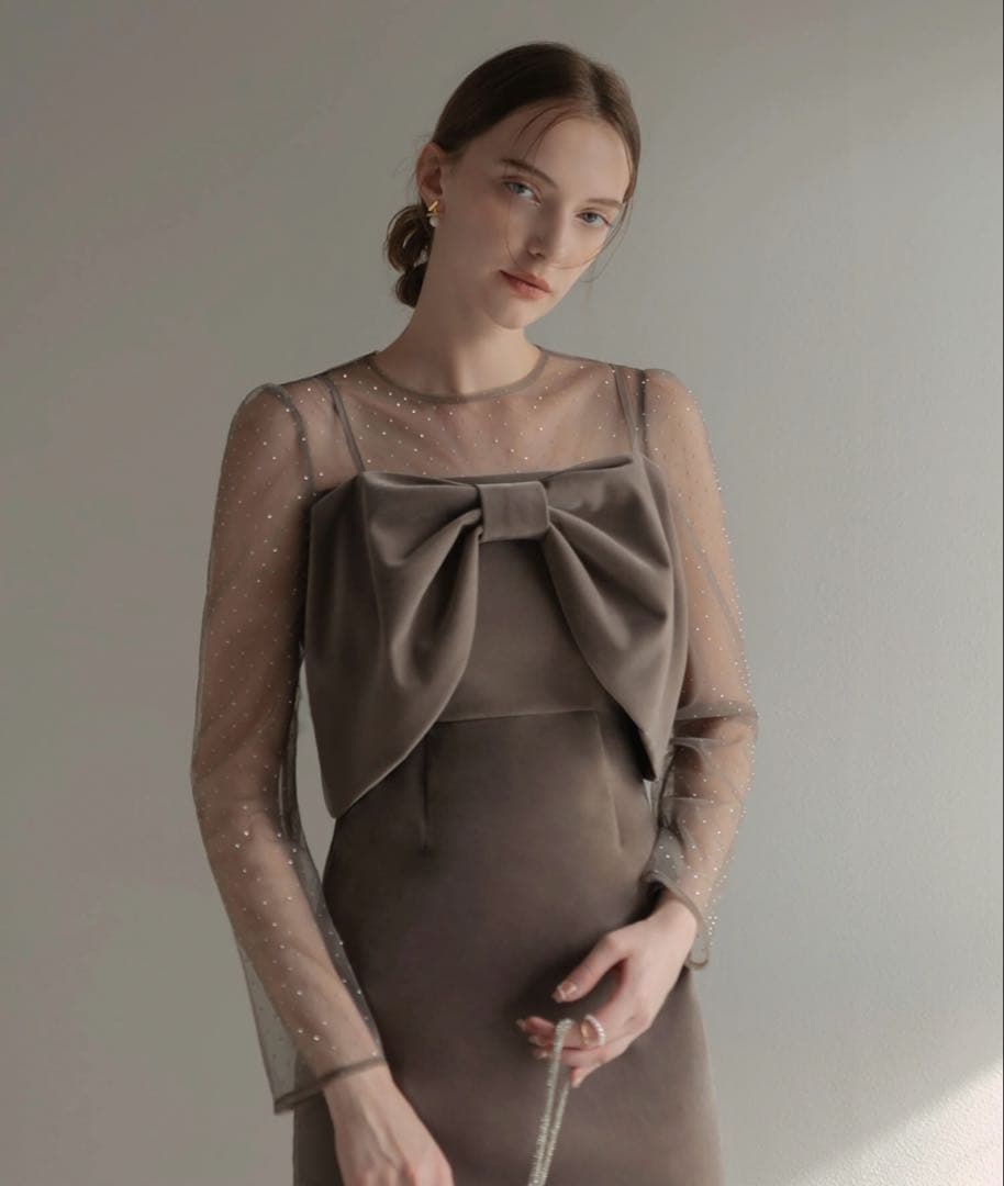 【LEJA】2WAYリボンビスチェドットストーンベロアIラインドレスワンピース