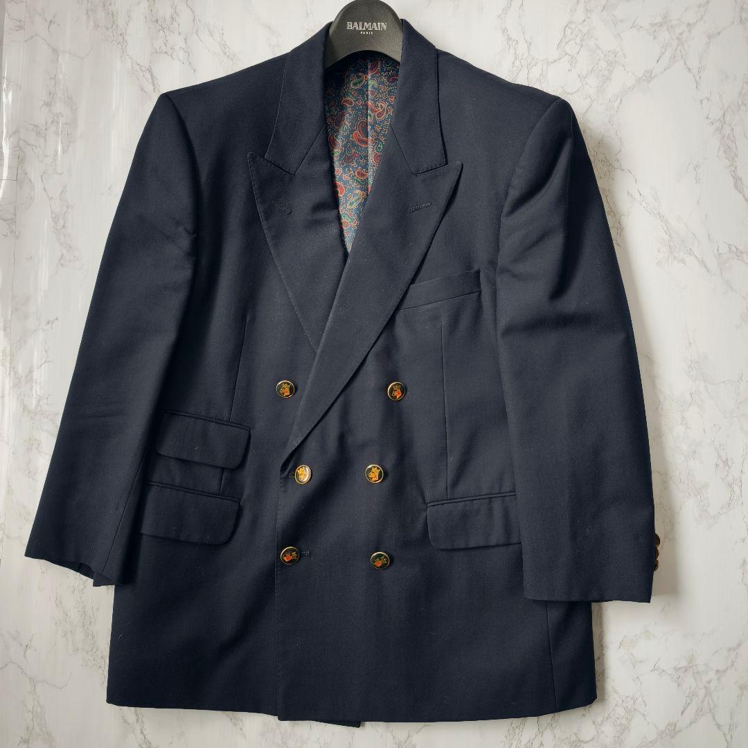 【美品 高級◎】アクアスキュータム 紺ブレ ペイズリー柄 カシミヤ混 英国製 L