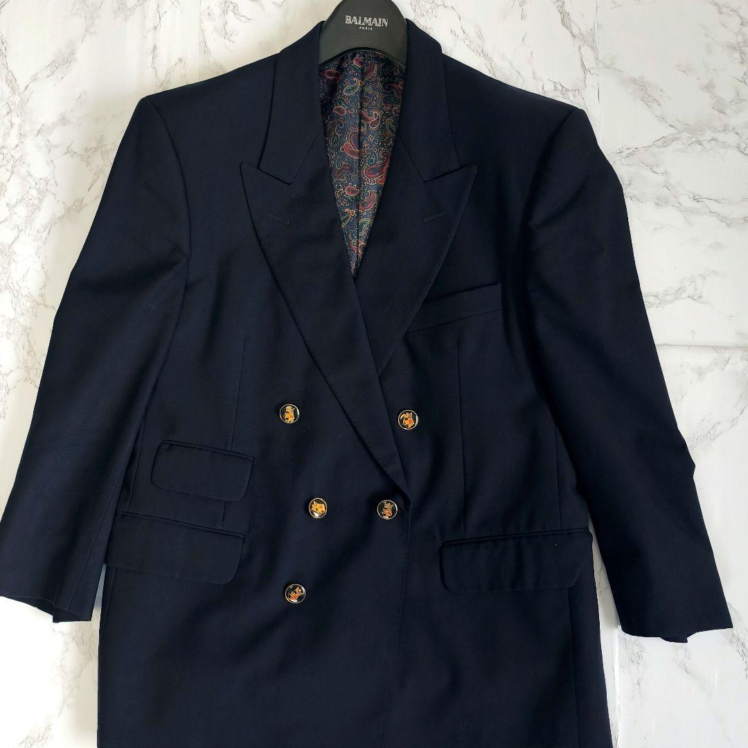 【美品 高級◎】アクアスキュータム 紺ブレ ペイズリー柄 カシミヤ混 英国製 L