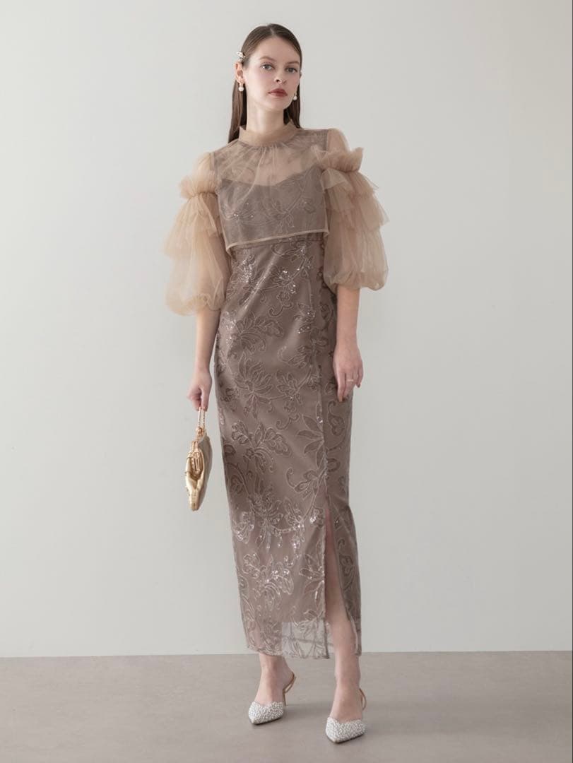 フリルチュールスパンコールフローラルIラインワンピースドレス結婚式二次会成人式