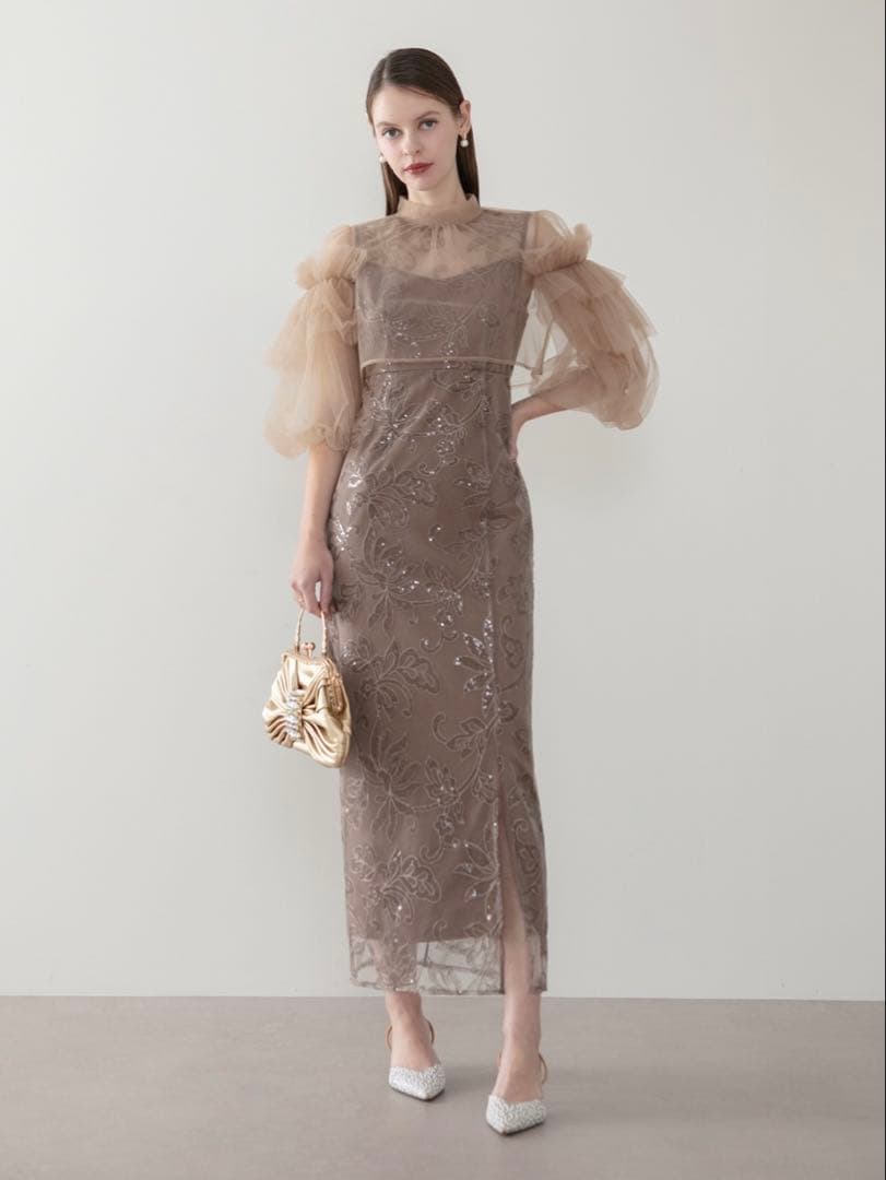 フリルチュールスパンコールフローラルIラインワンピースドレス結婚式二次会成人式