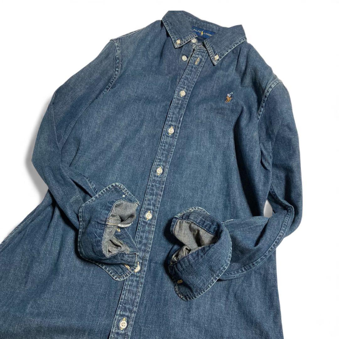 訳あり★ラルフローレン デニムシャツワンピース ポニー刺繍 シェルボタン