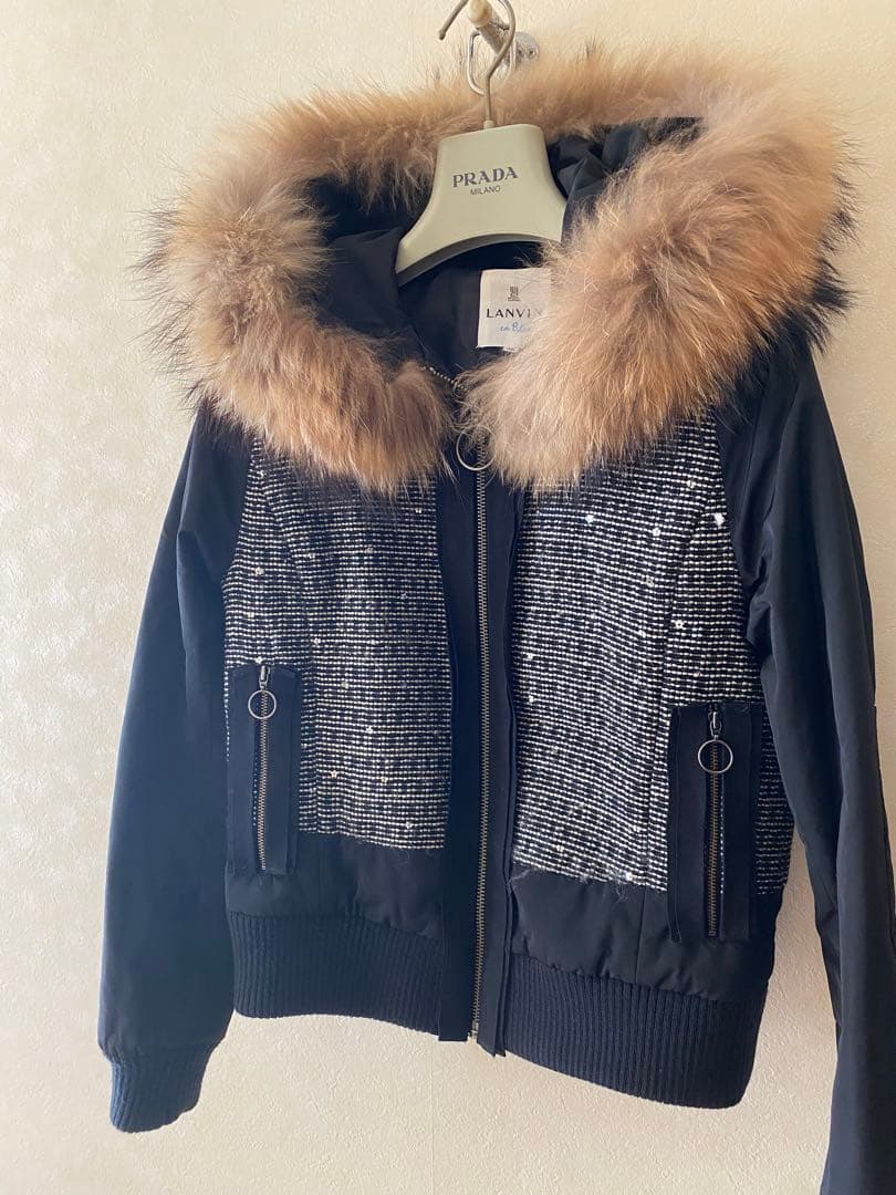 ランバンオンブルー♡お花スパンコール♡ツイード中綿ブルゾン♡ラクーンファー♡36