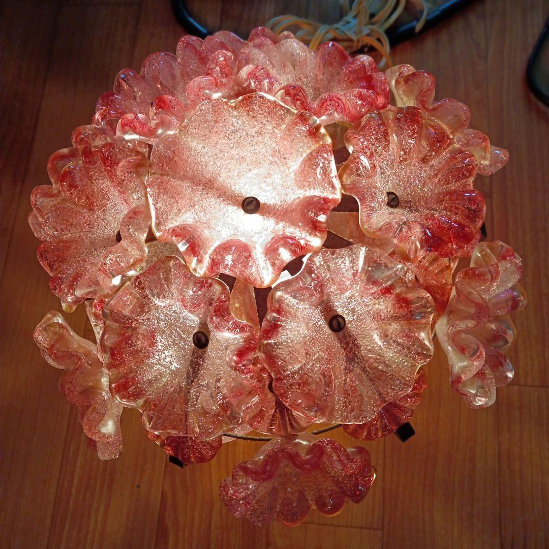 昭和レトロ　岩田工芸ガラス　電気スタンド　ピンク　花束　アンティーク