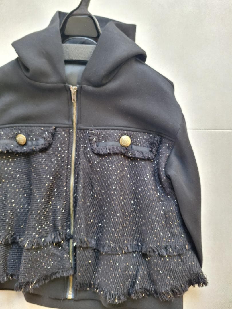 Vin ツイードフリンジ付きパーカー ブラック