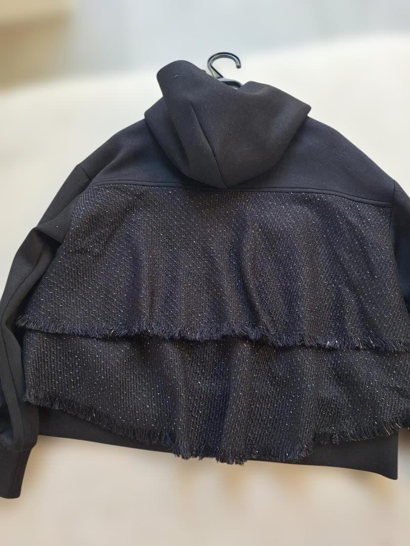 Vin ツイードフリンジ付きパーカー ブラック