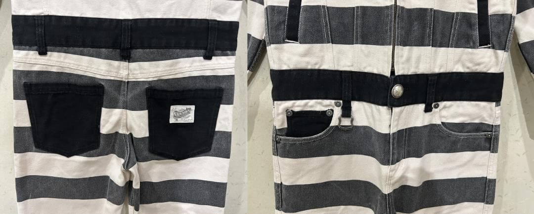 ＊VANSON バック刺繍 囚人 ボーダー つなぎ オールインワン バイカー S