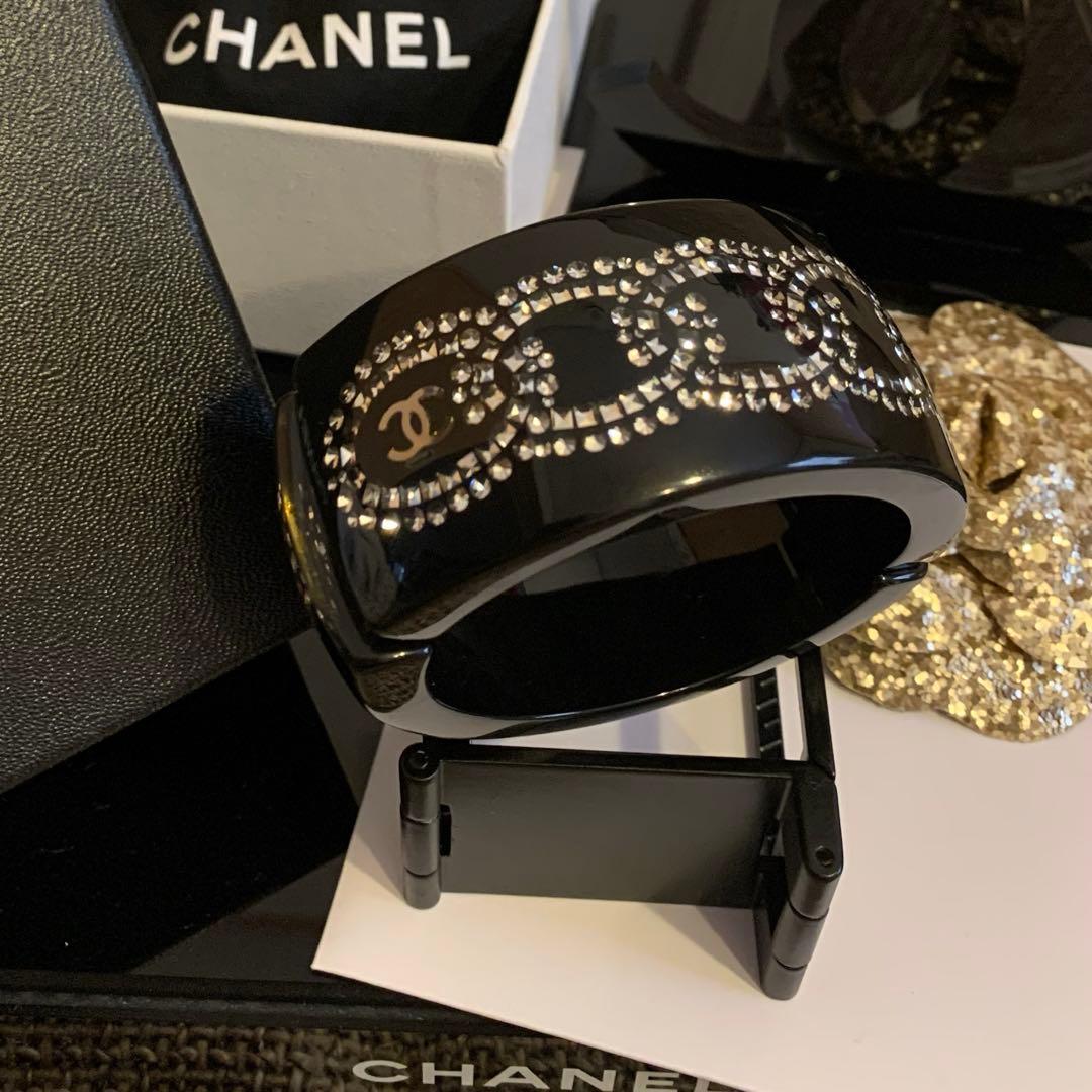 美品 CHANEL バングル ココマーク ラインストーン レジン ブラック 黒