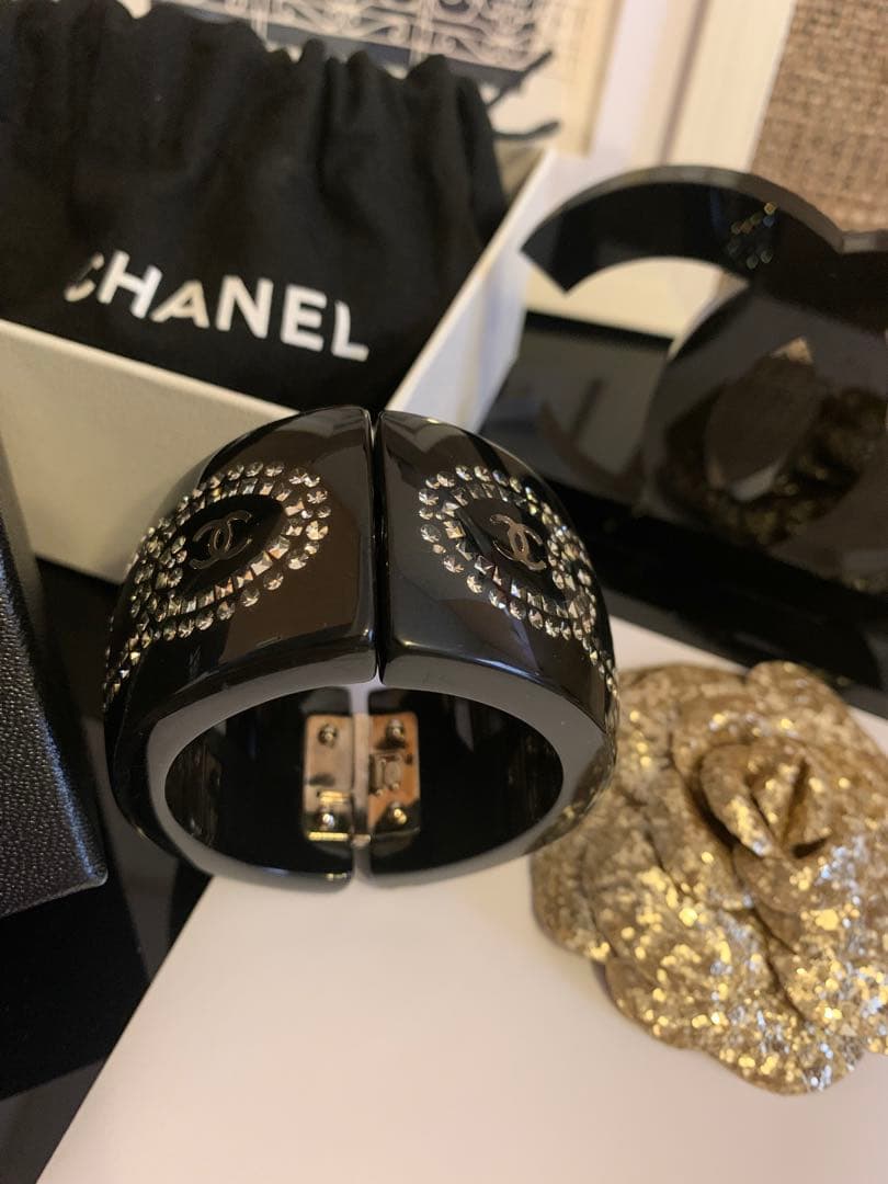 美品 CHANEL バングル ココマーク ラインストーン レジン ブラック 黒