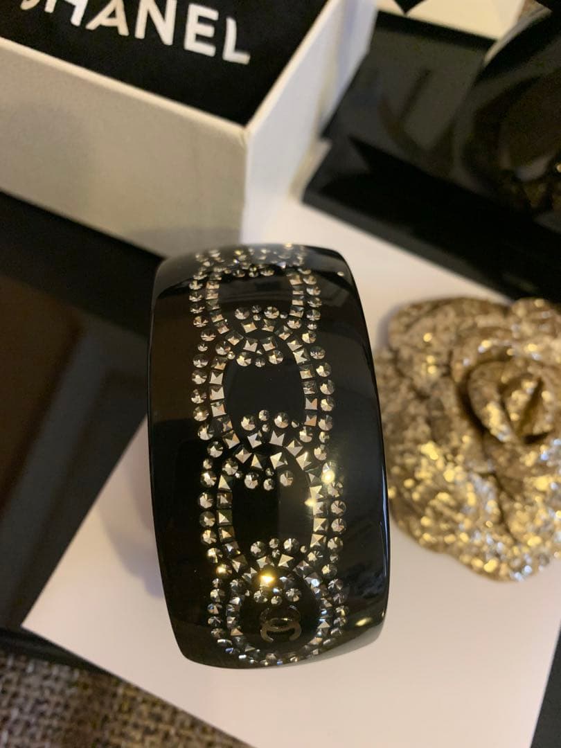 美品 CHANEL バングル ココマーク ラインストーン レジン ブラック 黒