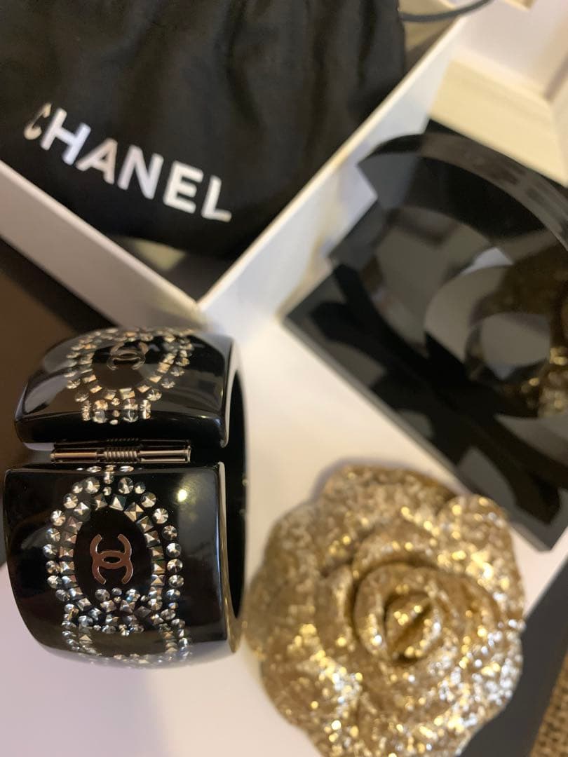 美品 CHANEL バングル ココマーク ラインストーン レジン ブラック 黒