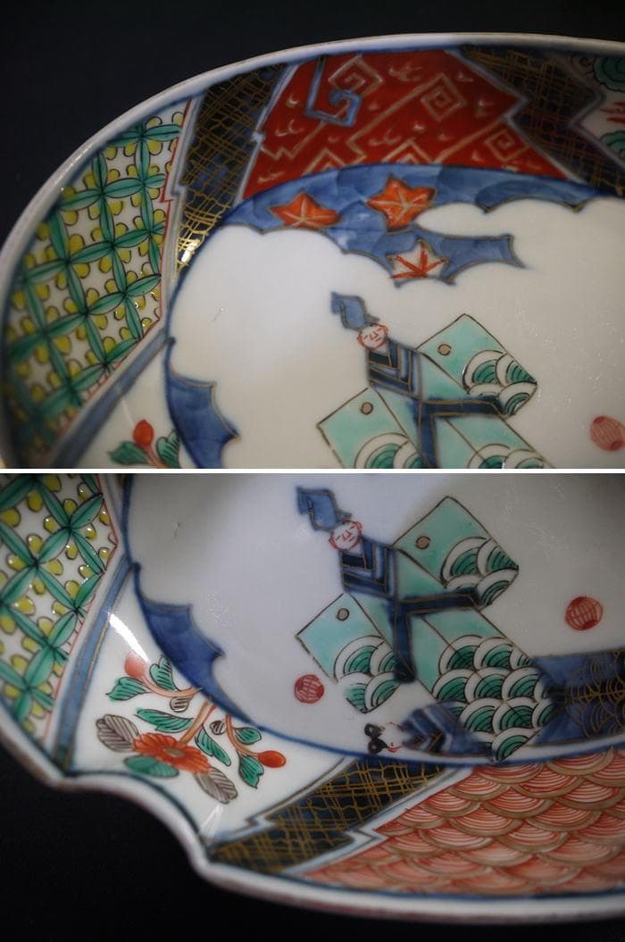 古伊万里色絵 楕円変形深皿　可愛い立ち雛ノ図　４客　お雛様　桃の節句に