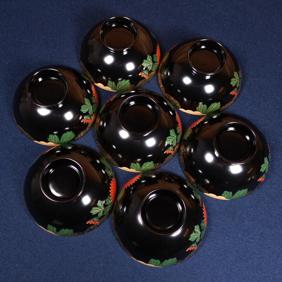 輪島塗 沈金 蒔絵 菊花尽図 吸物椀 7客 共箱