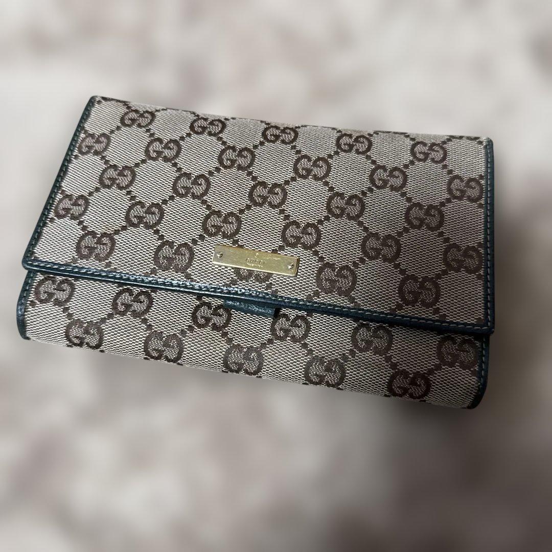 Gucci GGパターン 長財布 グリーン ベージュがま口